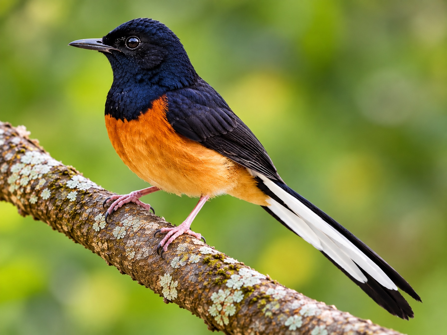A black and orange bird with a long white and black tail on a mossy branch.